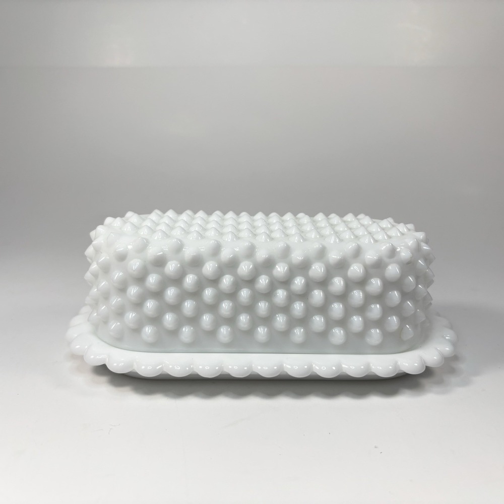 Vintage Fenton Hobnail Milk Glass Covered Butter Dish With Scalloped Edge RARE!